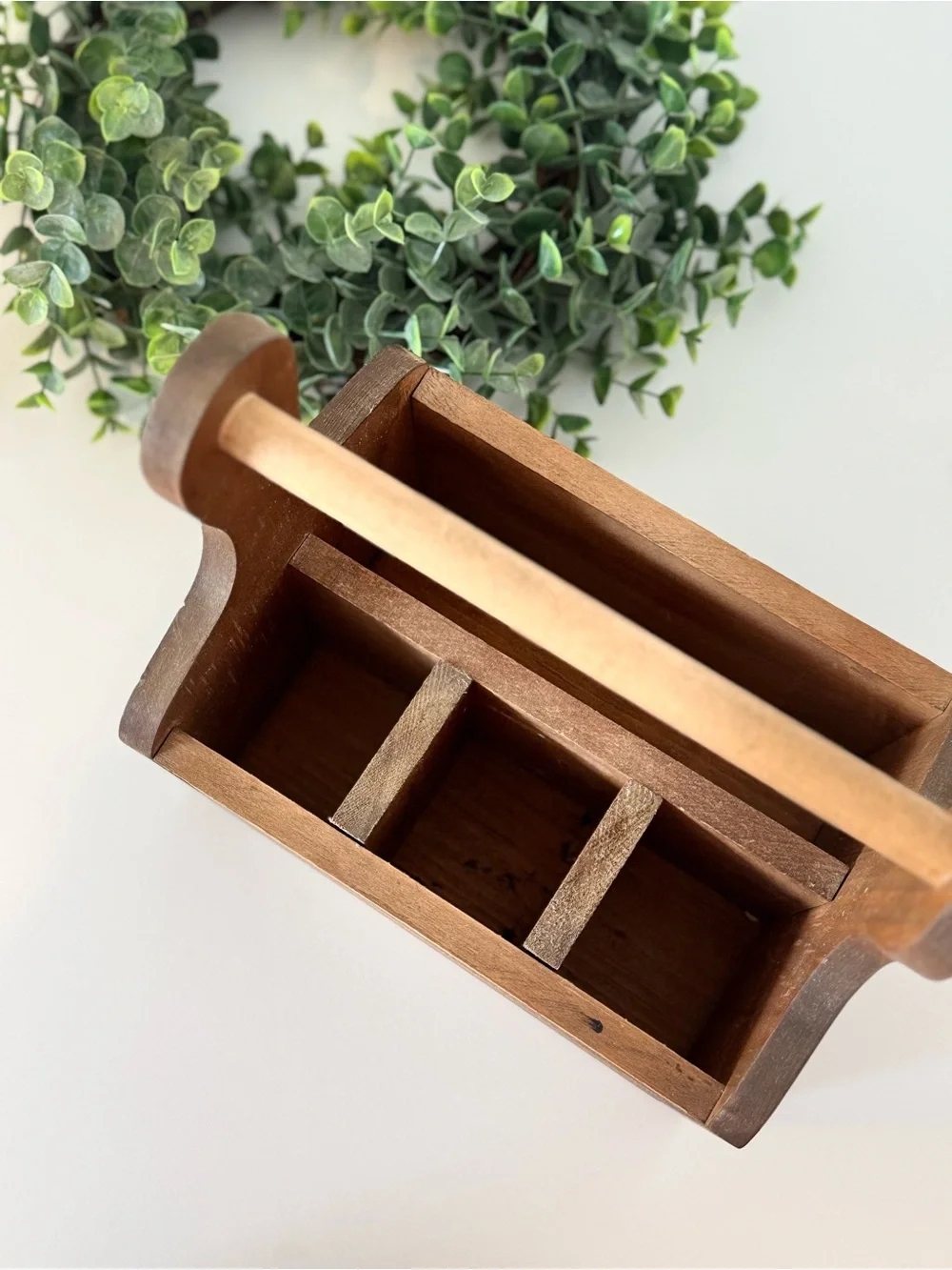 Hand-Painted Rustic Wooden Caddy with Red Hen Motif